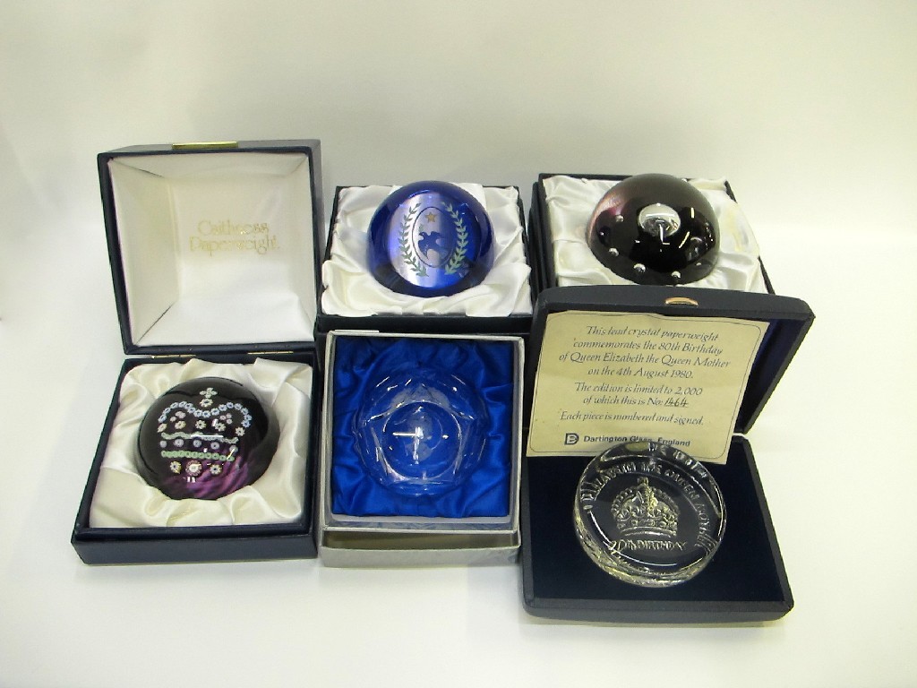 Appraisal: Five commemorative glass paperweights to include Caithness 'Golden Jubilee Tribute'