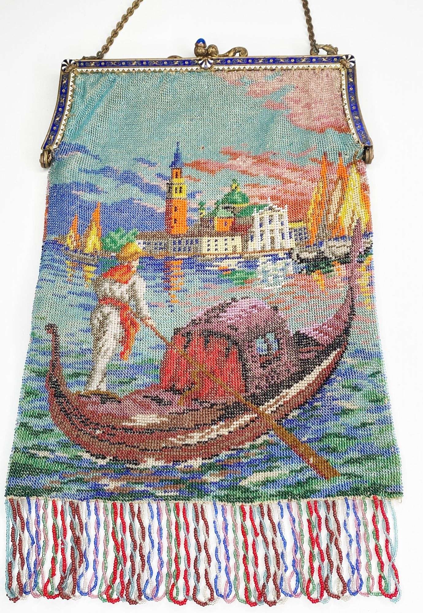 Appraisal: Micro Beaded Purse with Venetian Gondolier Scene and Enameled Jeweled