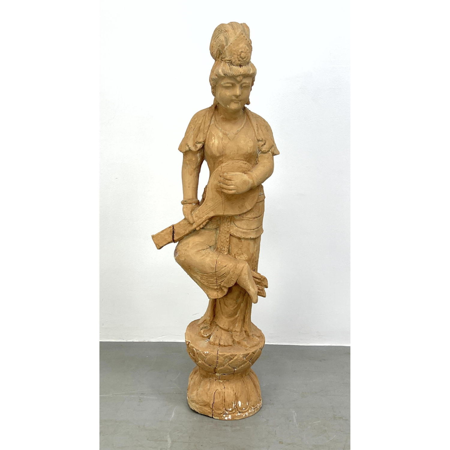 Appraisal: Painted Carved Wood Female Figure with Instrument Dimensions H inches