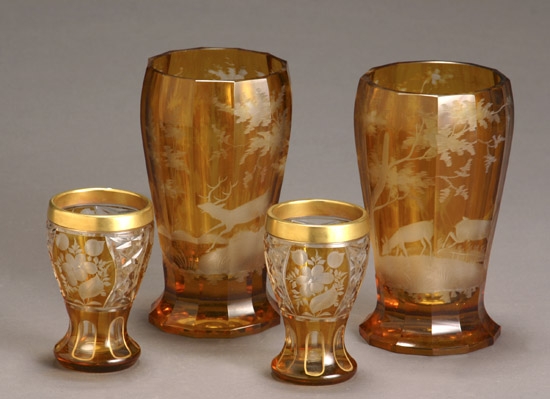 Appraisal: Pair of Bohemian Amber Flash and Etched Glass Vases and