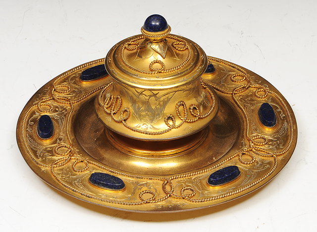 Appraisal: A FRENCH ORMOLU AND LAPIS LAZULI SET INKSTAND of circular