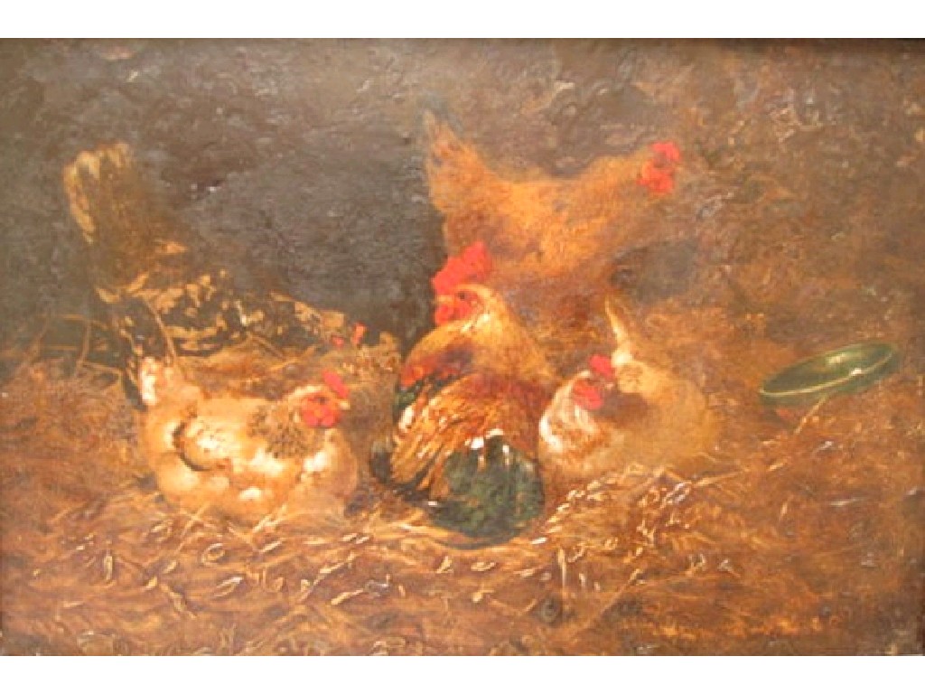 Appraisal: CONTINENTAL SCHOOL Chickens in a Barn oil on panel x