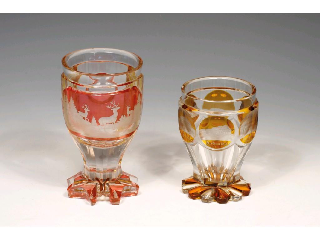 Appraisal: A TH CENTURY BOHEMIAN AMBER FLASH GOBLET commemorating Wiesbaden engraved