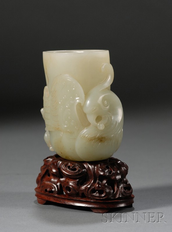 Appraisal: Jade Cup gray-celadon color stone surface carved with a phoenix