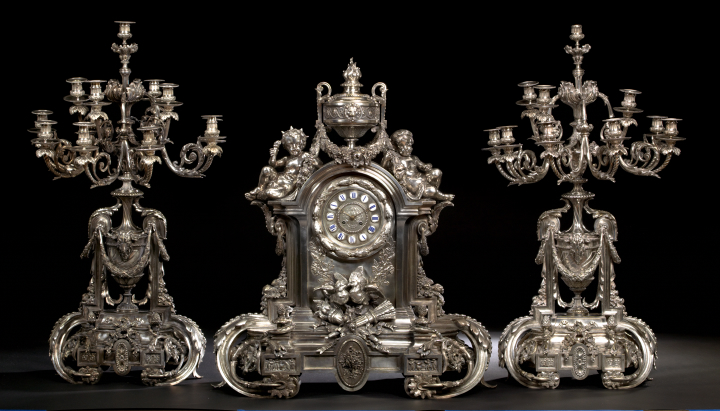 Appraisal: Monumental and Imposing Three-Piece French Bronze Argente Mantel Garniture in