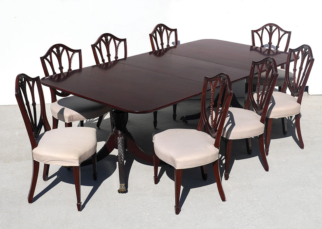 Appraisal: ELEGANT MAHOGANY DINING TABLE CHAIRS Banded mahogany double pedestal dining