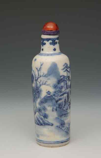 Appraisal: A CHINESE BLUE AND WHITE PORCELAIN SNUFF BOTTLE decorated fisherman