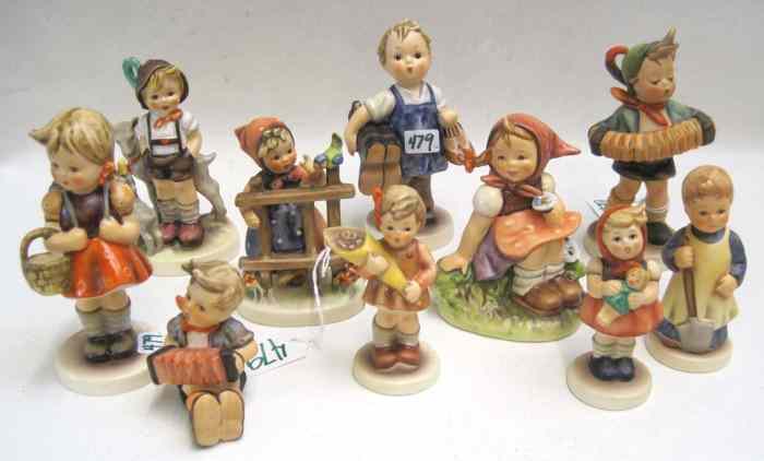 Appraisal: TEN GERMAN HUMMEL FIGURINES ''Boots '' HUM TM- - ''H