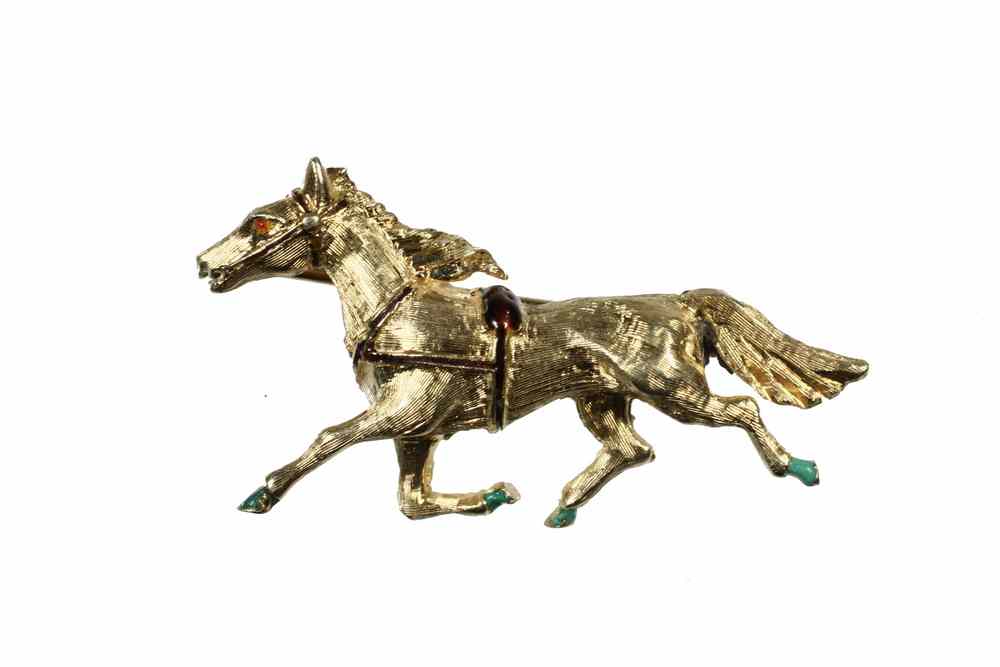 Appraisal: BROOCH - K gold and enamel hand chased running horse