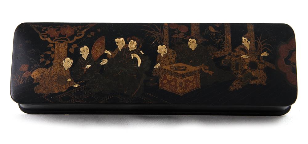 Appraisal: Japanese decorated papier mache box Meiji period scene of seated