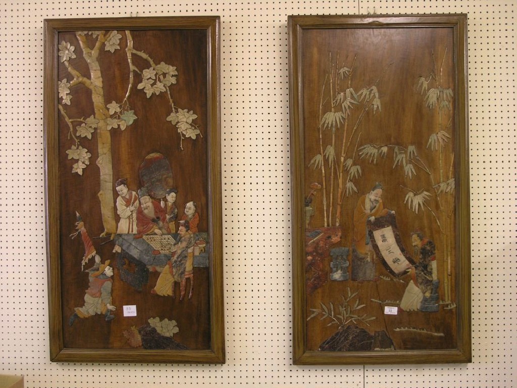 Appraisal: A large pair of Japanese shibayama-type panels rectangular shape one