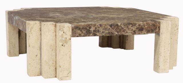 Appraisal: Large square coffee table th c marble top rising on