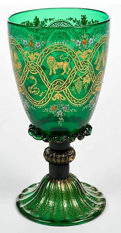 Appraisal: Venetian Enamel Decorated Wine Goblet th century green footed goblet