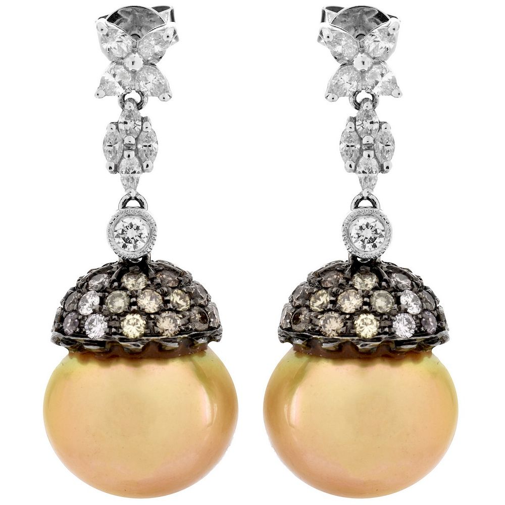 Appraisal: Pearl Diamond and K Earrings mm South Sea Golden Pearl