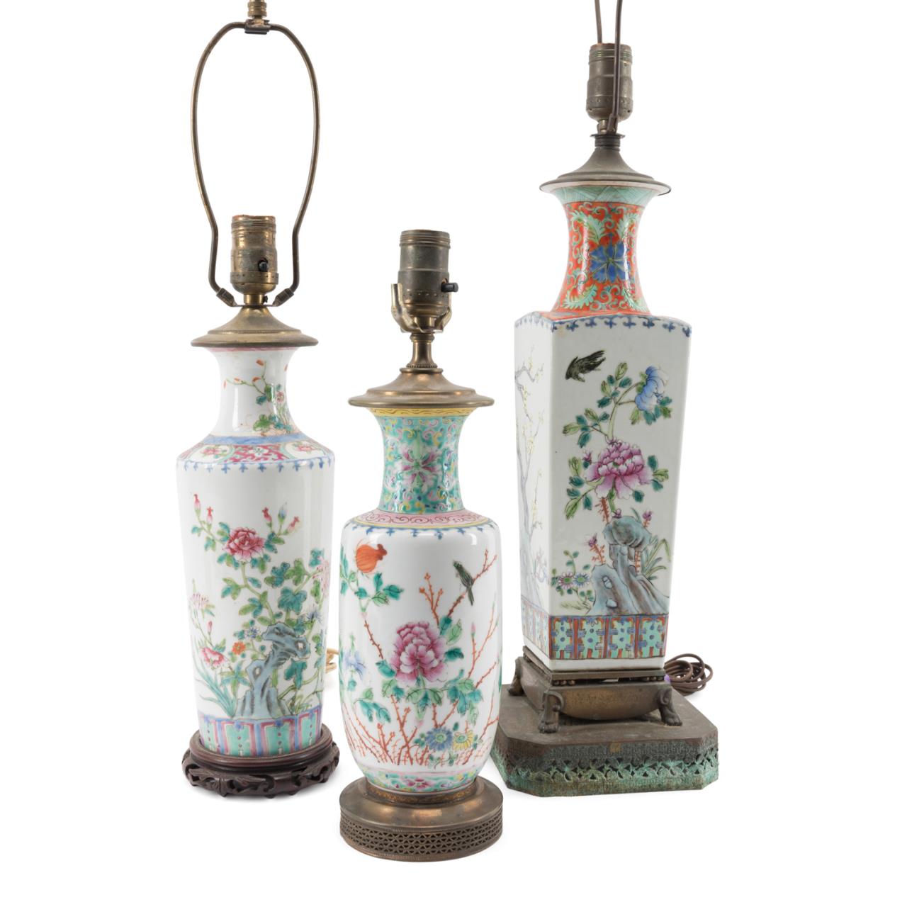 Appraisal: THREE CHINESE FAMILLE ROSE TABLE LAMPS Three Chinese Famille Rose