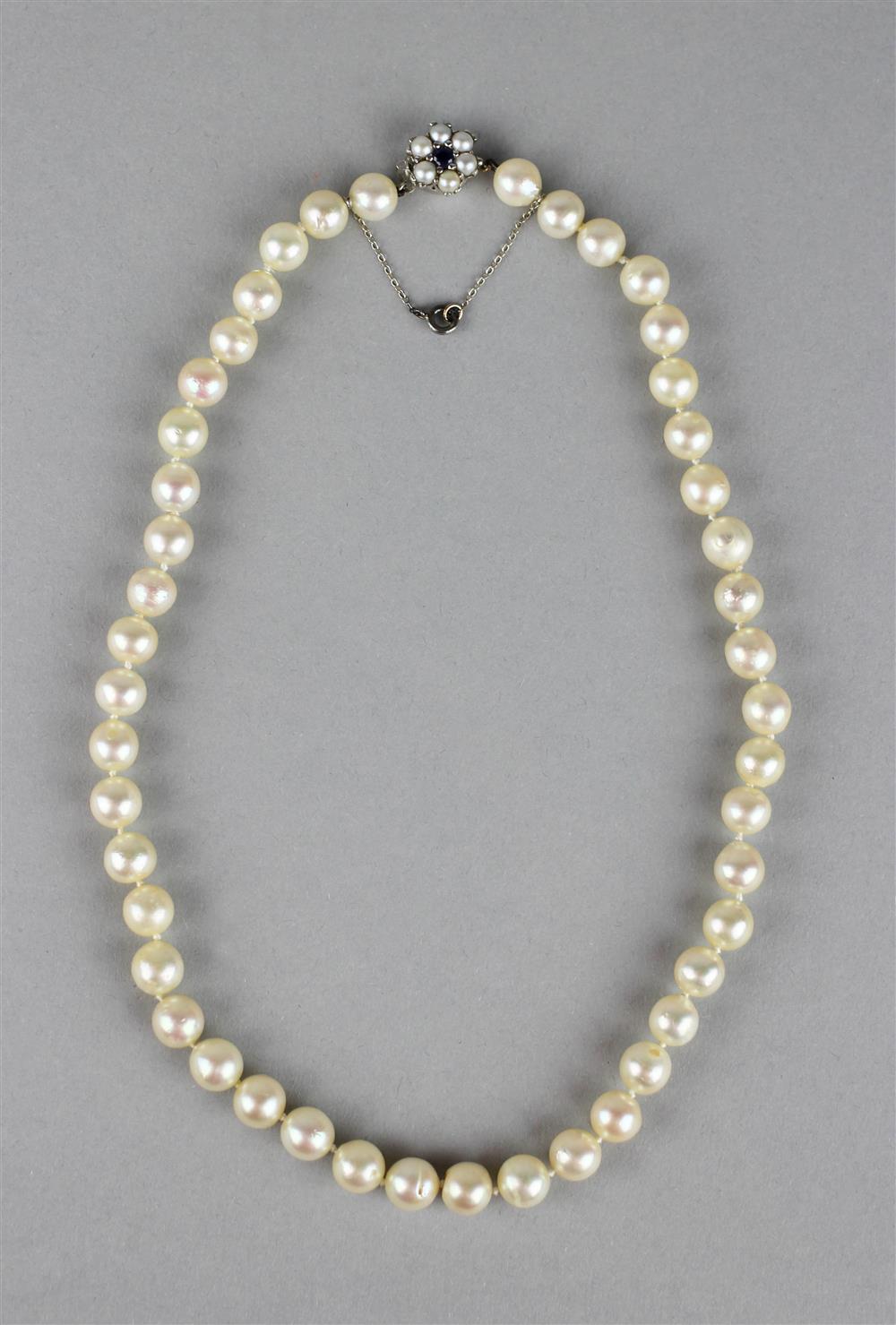 Appraisal: CULTURED PEARL NECKLACE WITH SAPPHIRE AND PEARL CLUSTER CLASP clasp