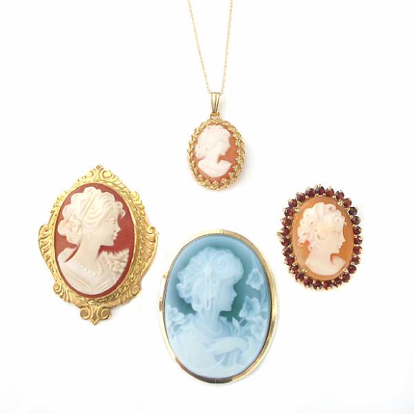 Appraisal: A collection of hardstone shell ruby and gold cameo jewelry