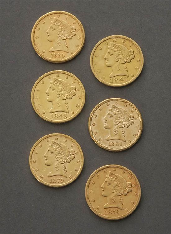 Appraisal: Six U S Liberty Head Five-Dollar Gold Coins Dated -S