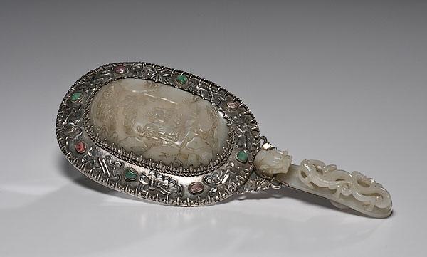 Appraisal: JADE AND SILVER LADY'S MIRROR early th century constructed of