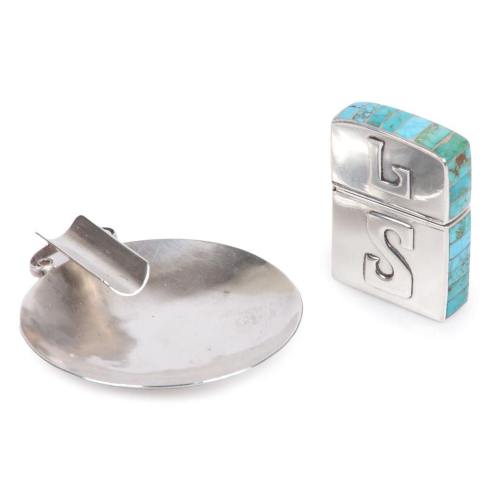 Appraisal: NATIVE AMERICAN 'S- 'S STERLING SILVER AND TURQUOISE LIGHTER WITH