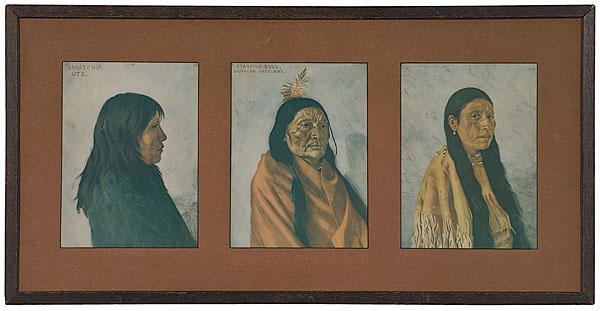 Appraisal: NATIVE AMERICAN CHROMOLITHOGRAPH PORTRAITURE Triptych chromolithograph unsigned l-r Baratchia Ute