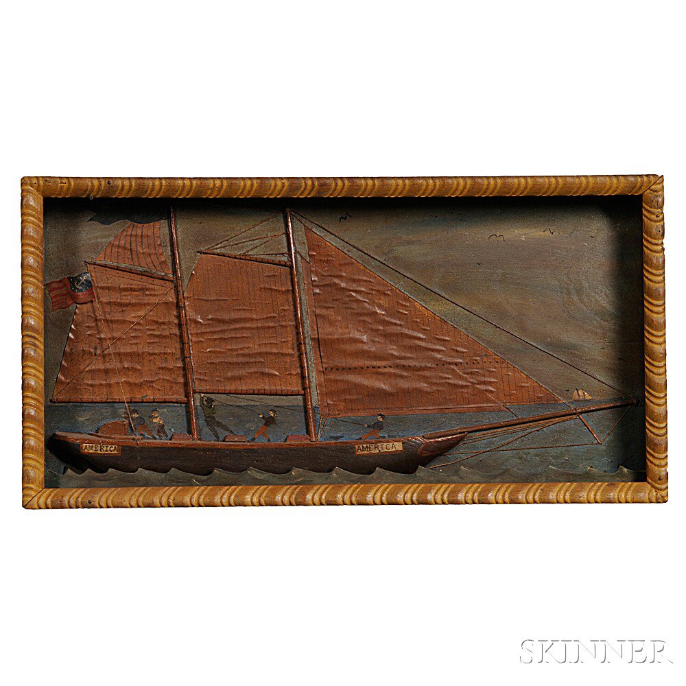 Appraisal: Carved Shadow Box Diorama of the Yacht America possibly Cape