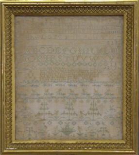 Appraisal: Linen sampler Silk on linen sampler with alphabet and verse