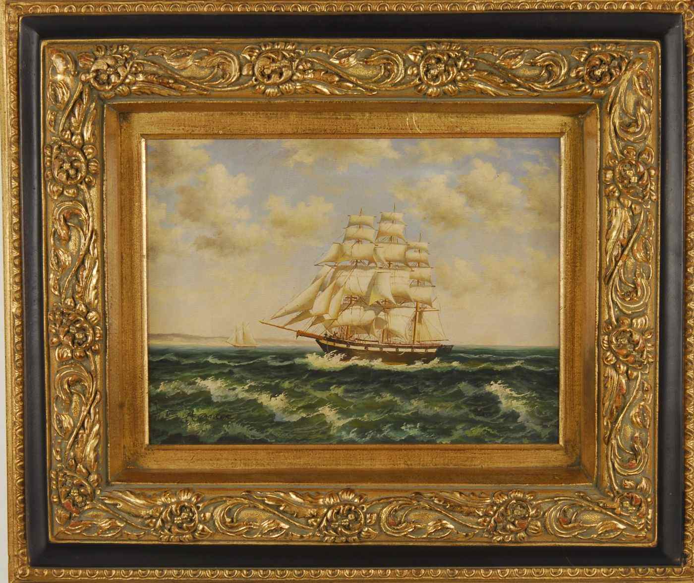 Appraisal: FRAMED PAINTING th CenturyThree-masted schooner near shore Signed lower left