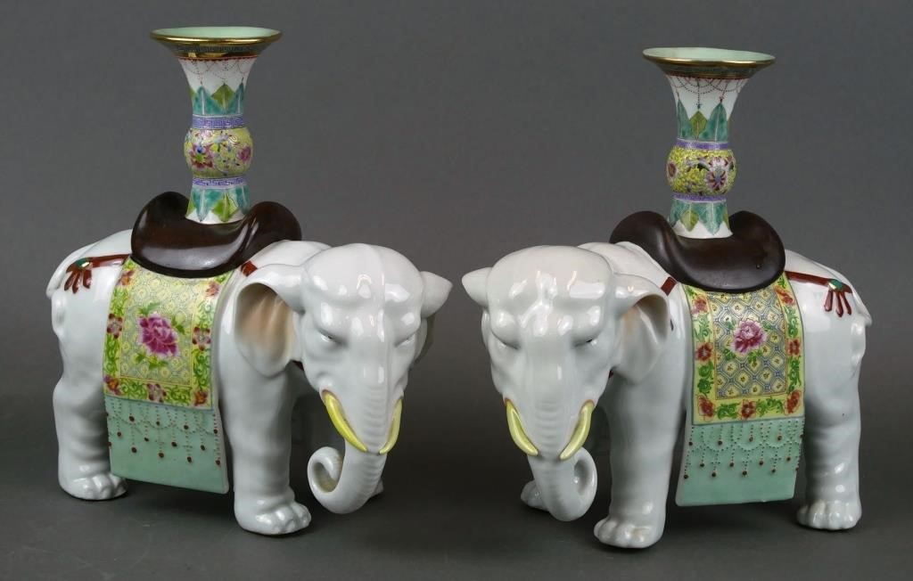 Appraisal: PAIR CHINESE FAMILLE ROSE ELEPHANT CANDLESTICKSPair of Chinese Famille Rose