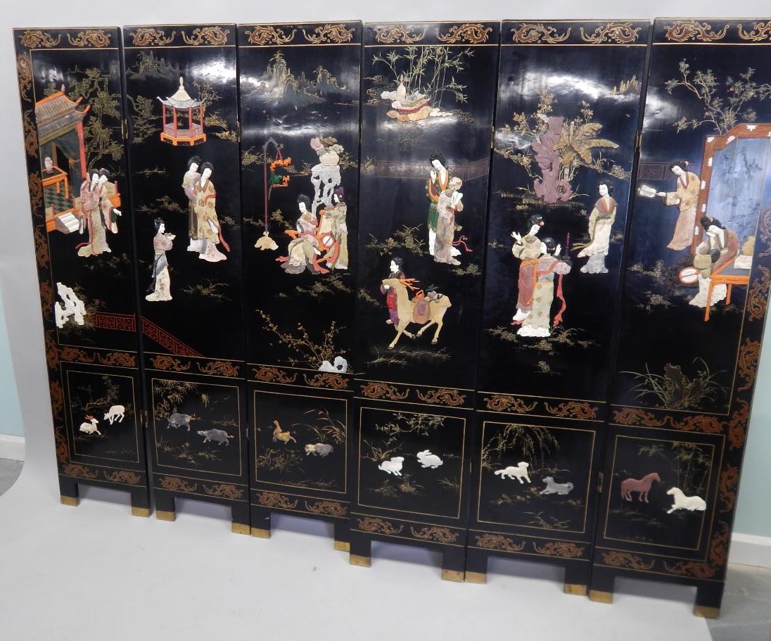 Appraisal: A modern Chinese style six fold screen inlaid in soapstone