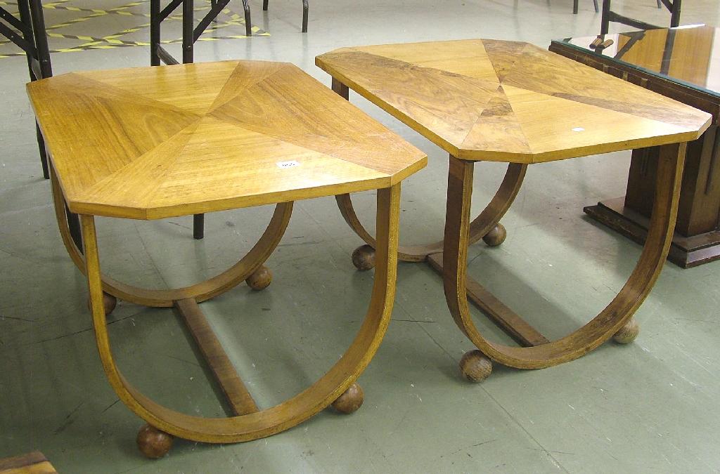 Appraisal: Pair of Art Deco walnut veneered occasional tables the rectangular