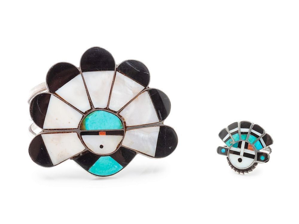 Appraisal: Zuni Sunface Cuff and Ring bracelet length x opening x