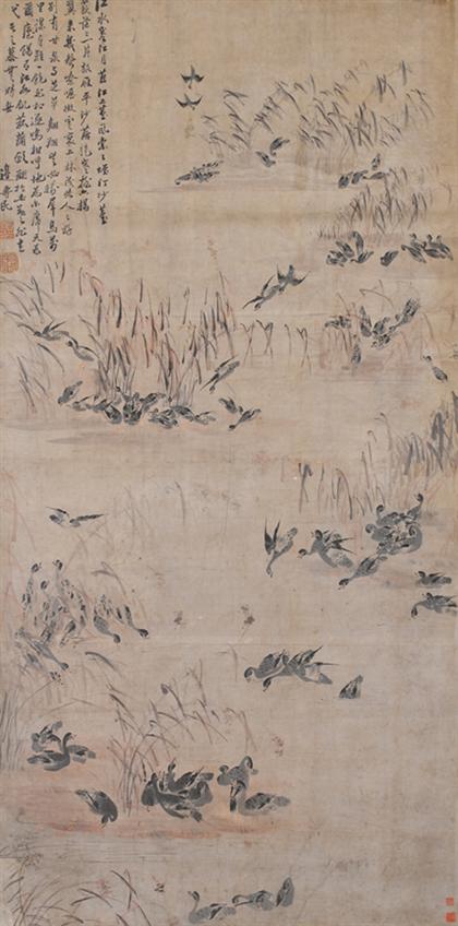 Appraisal: PIEN SHOU-MIN chinese qianlong period GATHERING OF THE GEESE Hanging