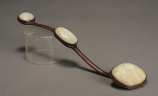 Appraisal: Chinese Pale Celadon Jade Mounted Hongmu Ruyi Scepter Circa Mounted