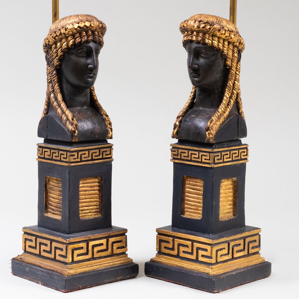 Appraisal: Pair of Egyptian Inspired Ebonized and Parcel-Gilt Table Lamps x