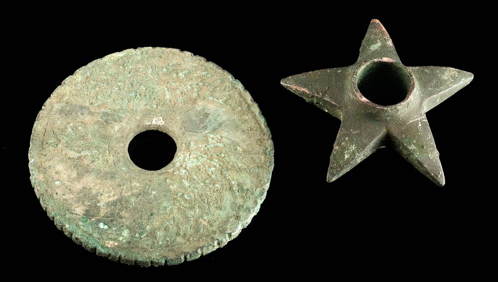 Appraisal: Moche Copper Mace Heads - Disc Star Shaped Pre-Columbian North