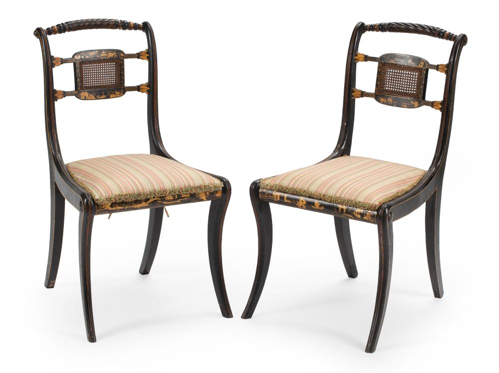 Appraisal: Pair of Regency Chinoiserie Black Lacquered and Decorated Side Chairs