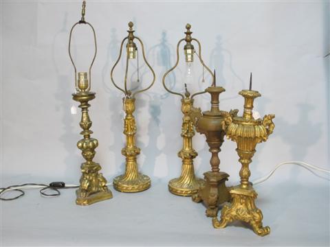 Appraisal: THREE GILTWOOD LIGHTS Including a pair of pricket sticks with