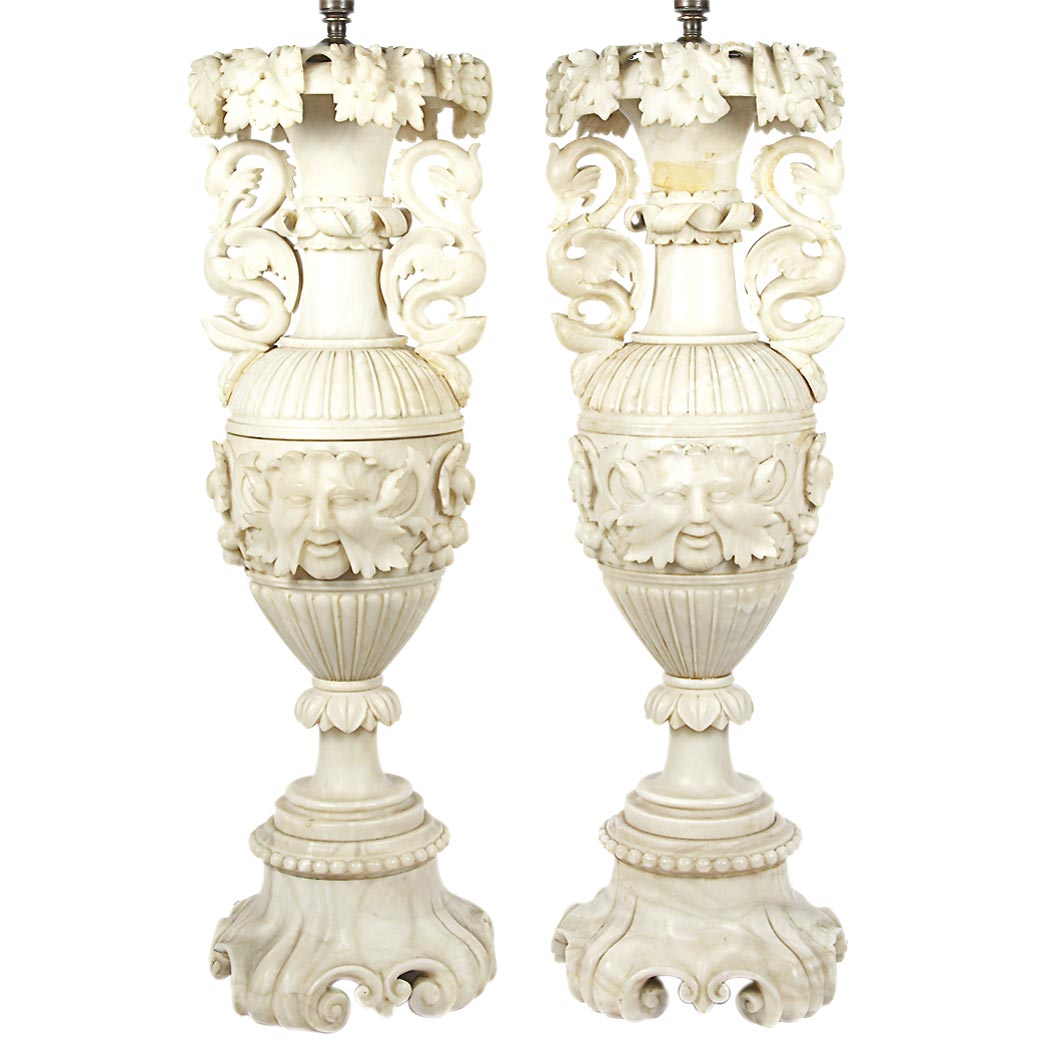 Appraisal: Pair of Renaissance Style Carved Alabaster Urns Each mounted as