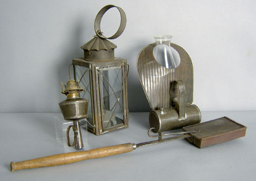 Appraisal: Tin reflector oil lamp together with chestnut roaster hand held