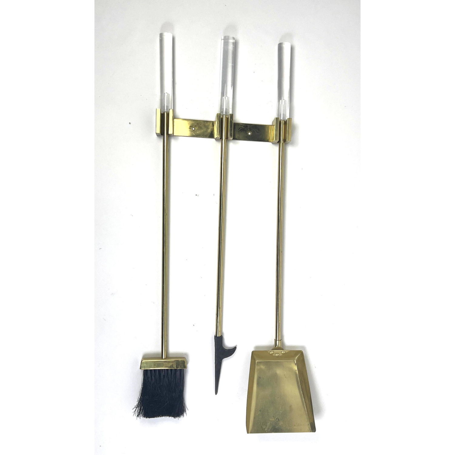 Appraisal: Modernist Brass Lucite Handle Fireplace Tools Brass Wall Mounted Holder