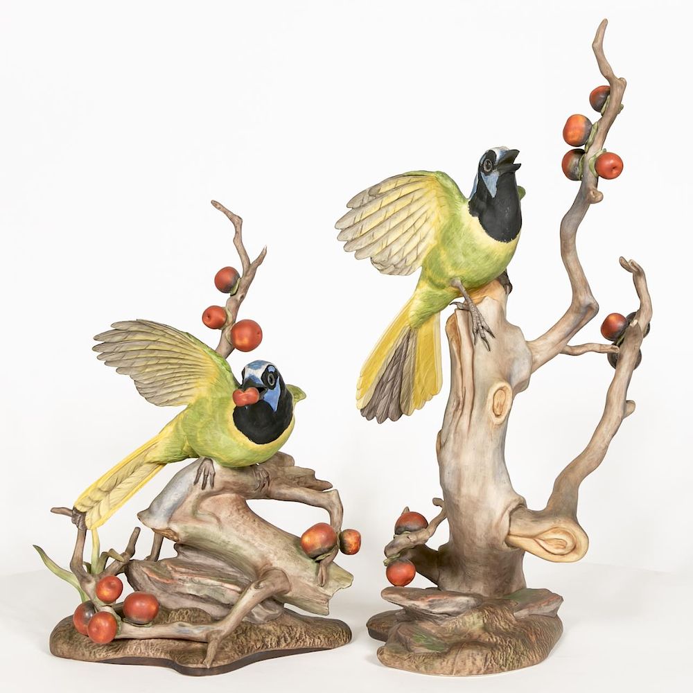 Appraisal: Two Boehm Porcelain Green Jay Figurines Boehm American founded A