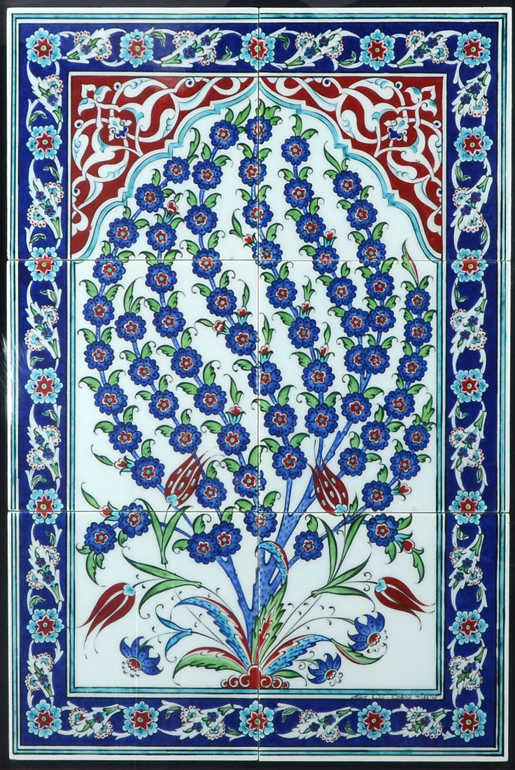 Appraisal: FRAMED PERSIAN TILE TREE OF LIFE PANEL Vibrant tree of