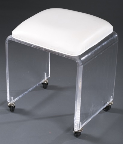 Appraisal: White Leather Lucite Stool on Wheels Unmarked H x Dia