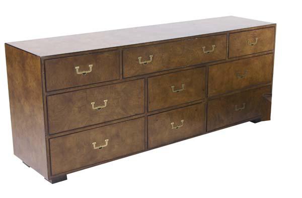 Appraisal: JOHN WIDDICOMB Nine-drawer dresser with burlwood veneer and brass pulls