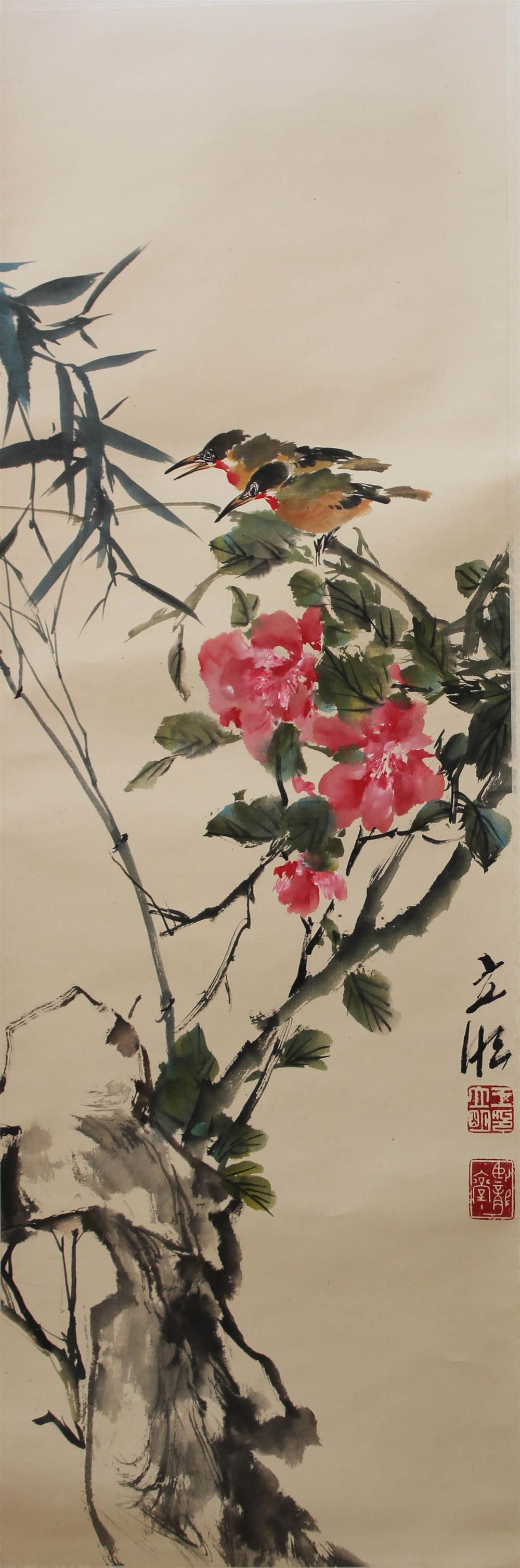 Appraisal: WONG LI MING SCROLL PAINTING Birds and Flowers ink and