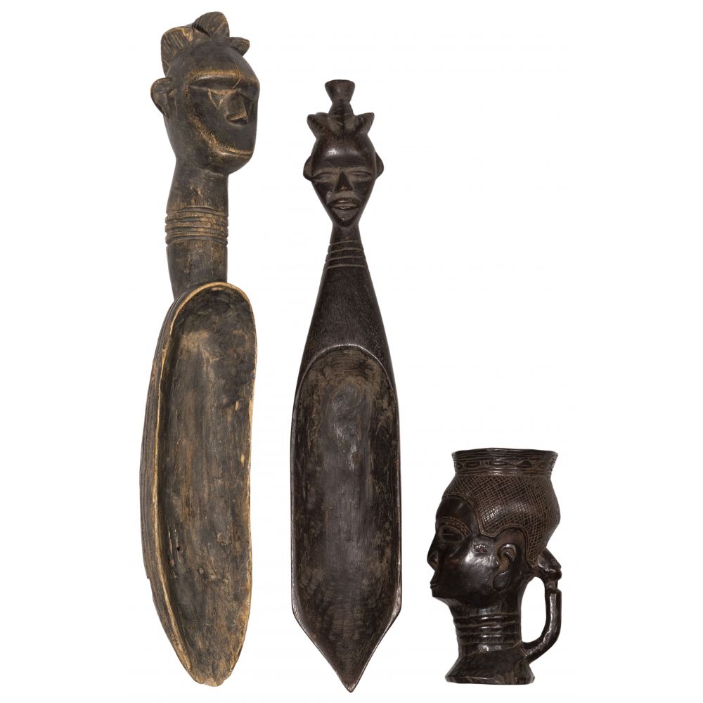 Appraisal: AFRICAN CARVED WOOD FIGURE ASSORTMENT items including scoops and a