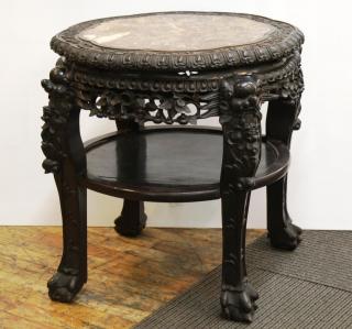 Appraisal: Asian Chinese Hardwood Marble Side Table Rounded red marble top