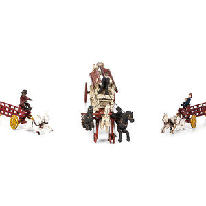 Appraisal: Three Painted Cast Iron Toy Horse Drawn Fire Wagons Early