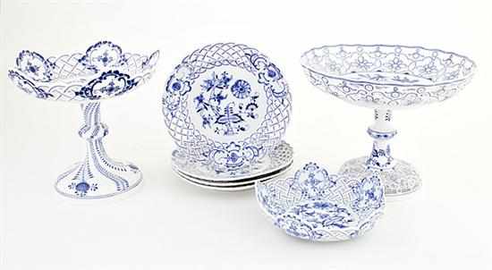 Appraisal: Meissen reticulated Blue Onion pattern compotes plates and dish first